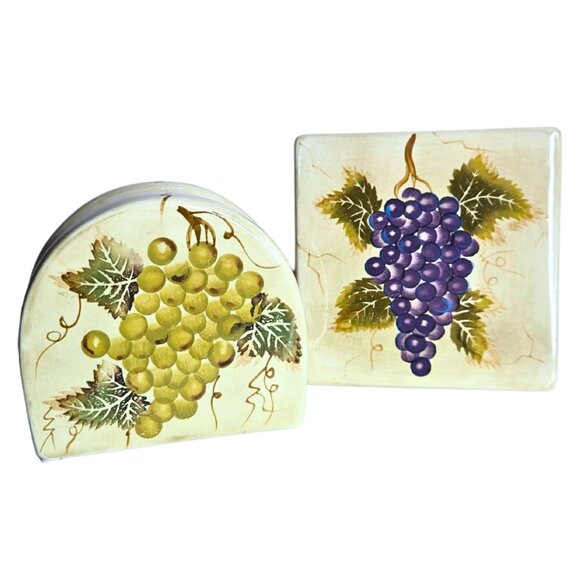 Tabletops Unlimited CABERNET Trivet And Matching Napkin Holder Hand-painted Grap - Picture 3 of 4